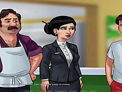 Kissing coworkers in anime hentai visual novel