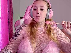 big tits babe sucks lollipop hard
