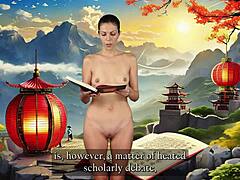 what’s behind this naked brunette’s war art reading?