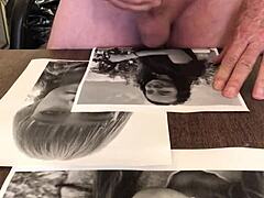 Cum tribute dripping on shaved mature skin