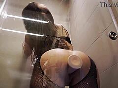 Girl's steamy bathroom dildo play
