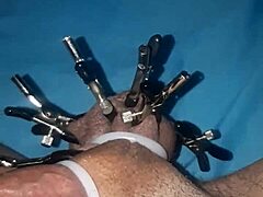 Teasing cock with clamps all over
