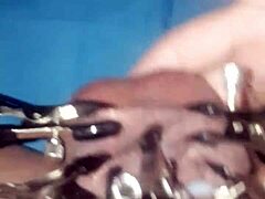 Teasing cock with clamps all over