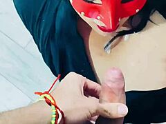 Curvy brunette sucks thick cock hard