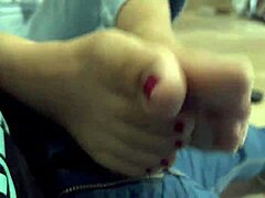 relaxing footjob before movie with cum finish