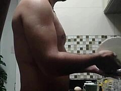 Macho Guy Washing Dishes Naked In Kitchen