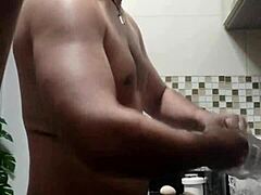 Macho Guy Washing Dishes Naked In Kitchen