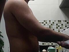 Macho Guy Washing Dishes Naked In Kitchen