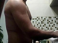 Macho Guy Washing Dishes Naked In Kitchen