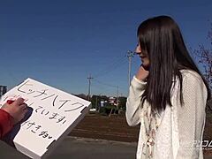 cheeky japanese hitchhiker’s daring micro-bust tease