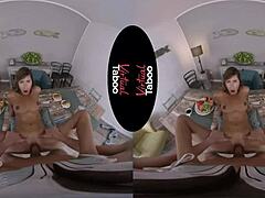 Brunette gives taboo handjob and blowjob for breakfast