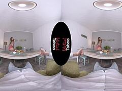 Brunette gives taboo handjob and blowjob for breakfast