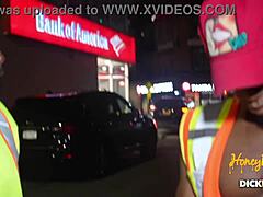 Devin drills ebony pussy hard in public