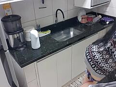 Latina Bombshell Strokes Huge Cock in Kitchen Frenzy