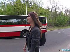 brunette's fierce ride in public view
