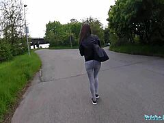 brunette's fierce ride in public view