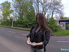 brunette's fierce ride in public view