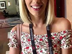 Skinny blonde teased outdoors