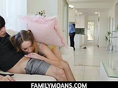 familymoans - stepsiblings teasing behind stepdad