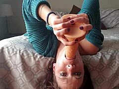 Intense deepthroat play with a daring gag