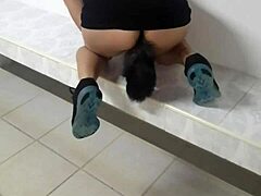 Gangbang pounding in public bathroom stall
