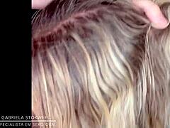 Blonde’s teasing deepthroat on a massive Brazilian cock