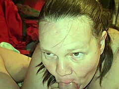 Milf eagerly swallows my load after blowjob