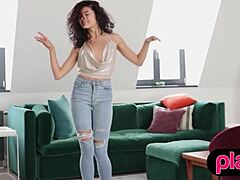 Petite European beauty flaunts assets