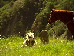 Outdoor country action with hot cowgirl and facial finish