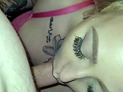 Blonde gets facial after blow job