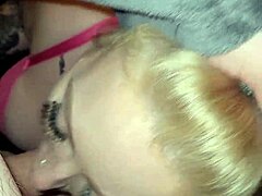 Hot blonde gets facial after giving blow job