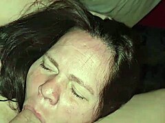 Mature beauty gives a deep throat job and breast play