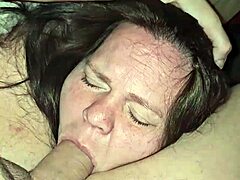 Mature beauty gives a deep throat job and breast play