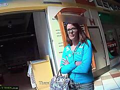 Shy Czech teen girl flashes in public mall