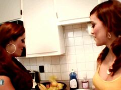Campus lesbian tease in the kitchen