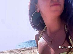 Crazy teen soaking panties on public beach