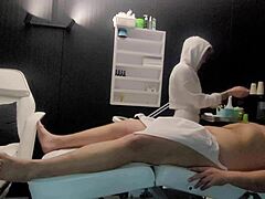 Lazy masseuse pegging him till he cums