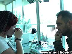 Nacho’s Office Blowjob With Redhead In Rubber Mask
