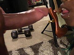 Provocative black beauty teases with toy and mouth