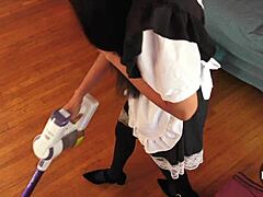 french maid’s daring upskirt while vacuuming
