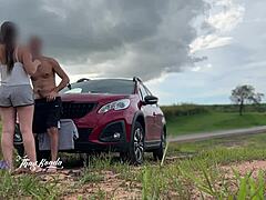 Daring milf fucks outdoors with cars watching us