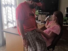 Brunette amateur playing with hard cock in dress