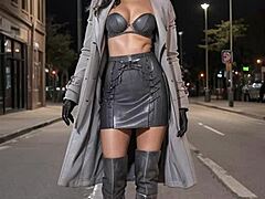 dirty tease after work in leather skirt outdoors