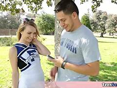 Look at skinny cheerleader stepsis Carmen fucking her stepbro outdoors with petite blonde perfection!