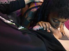 Look at this dark teen slobber on a huge cock before getting pounded hard!