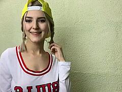 This horny blonde teases her classmate until he's covering her in cum