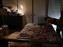 Japanese Amateur in Stockings Finishes with Intense Standing Back Handjob.