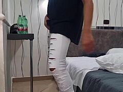 she arrives for a wild cumshot in sexy t-shirt with a huge perverse cock