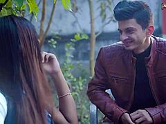 Desi babe takes huge shaft in mouth at public garden with Hindi audio