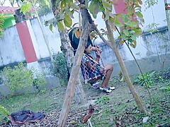 Desi babe takes huge shaft in mouth at public garden with Hindi audio
